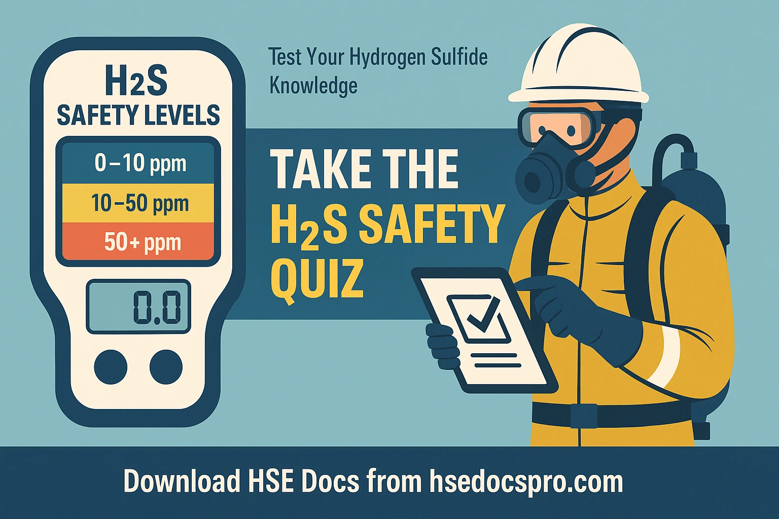 Infographic showing H2S gas exposure meter, PPE, and safety quiz visual